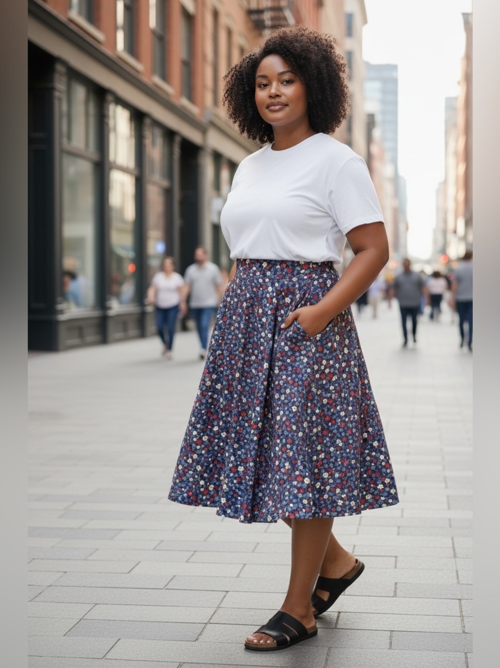Women's Navy Floral A-Line Midi Skirt with Pockets